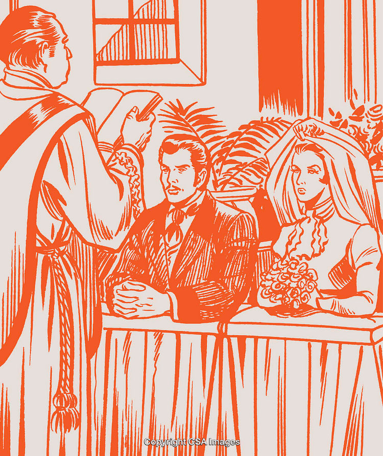 Vintage Illustration of a Wedding Ceremony Featuring a Bridal Couple and Minister
