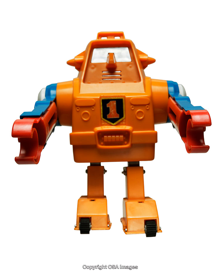 Brightly Colored Orange and Blue Robot Toy Figure Isolated on White Background
