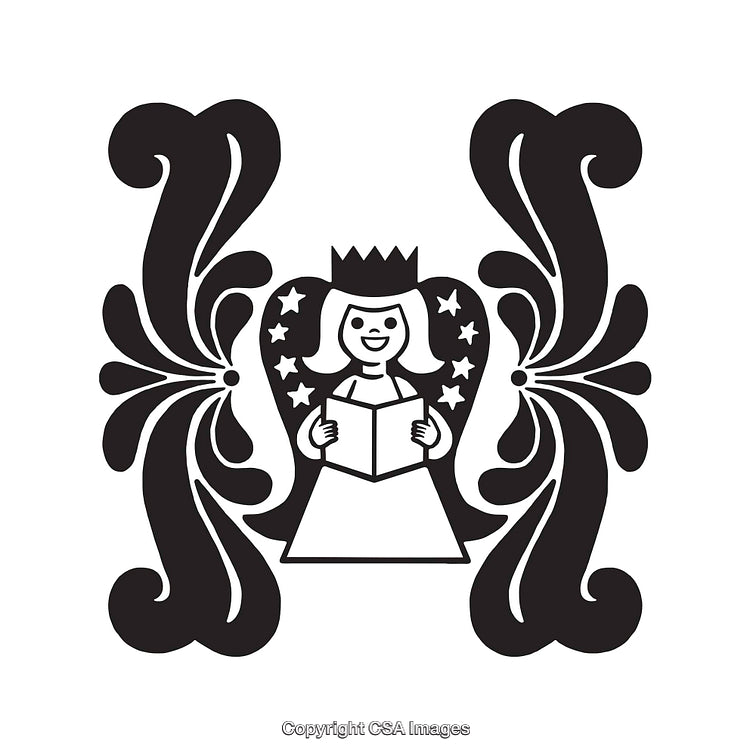 Elegant Black and White Decorative Illustration Featuring a Crowned Character