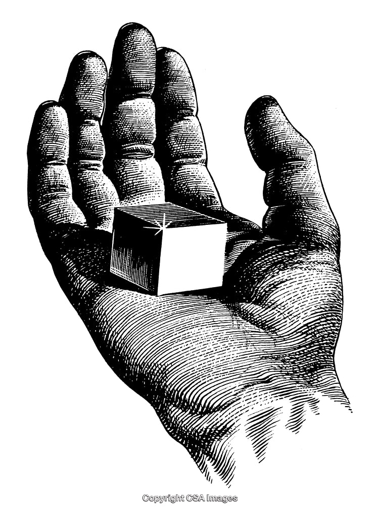 Detailed Engraving of a Hand Holding a Shiny Cube