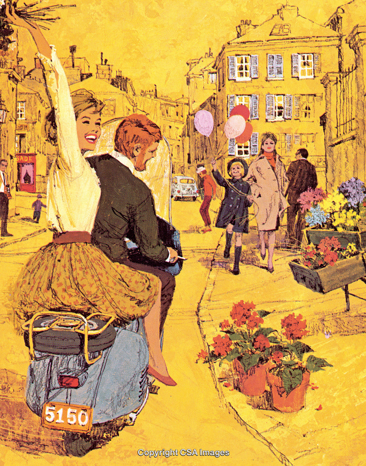 Romantic Couple Riding Scooter in Vintage European Street with Joyful Atmosphere