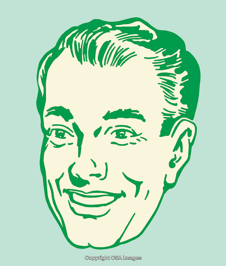 Retro Styled Green Line Art Illustration of Smiling Man's Face