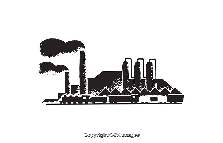 Black and White Industrial Illustration of a Factory with Smoke Stacks