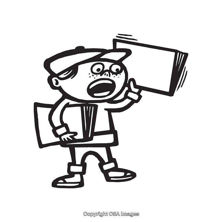 Vintage Black and White Illustration of a Newsboy Holding Papers