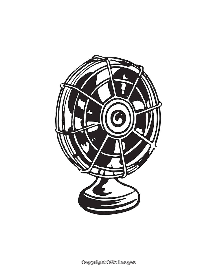 Vintage Black and White Line Art Illustration of a Classic Electric Fan
