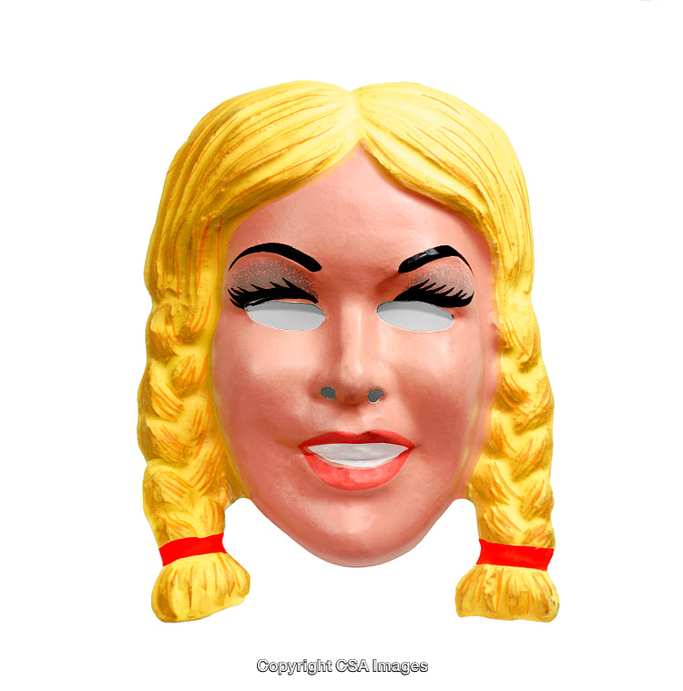 Colorful Costume Mask with Blonde Braids and Smiling Face on White