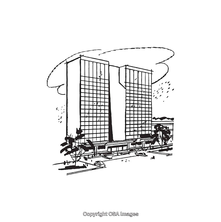 Black and White Line Art Illustration of Modern Office Twin Buildings