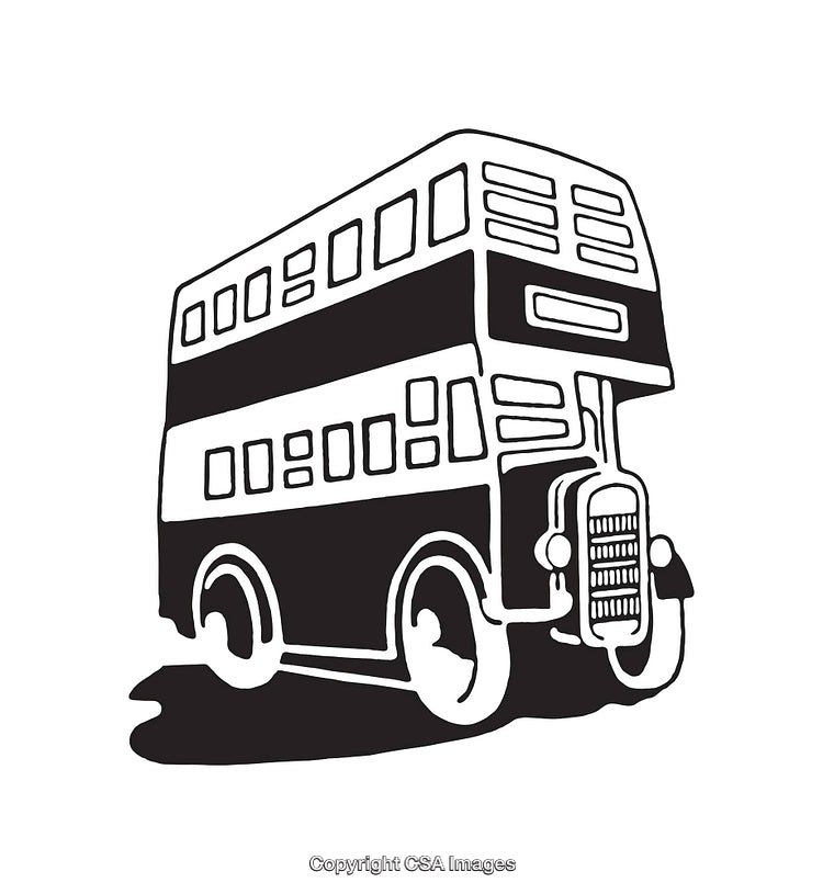 Black And White Line Art Illustration of Classic Double-Decker Bus
