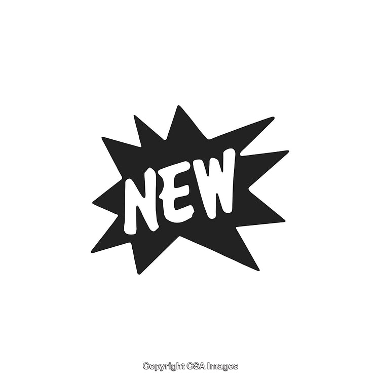 Black And White New Sign With Starburst Design on White Background