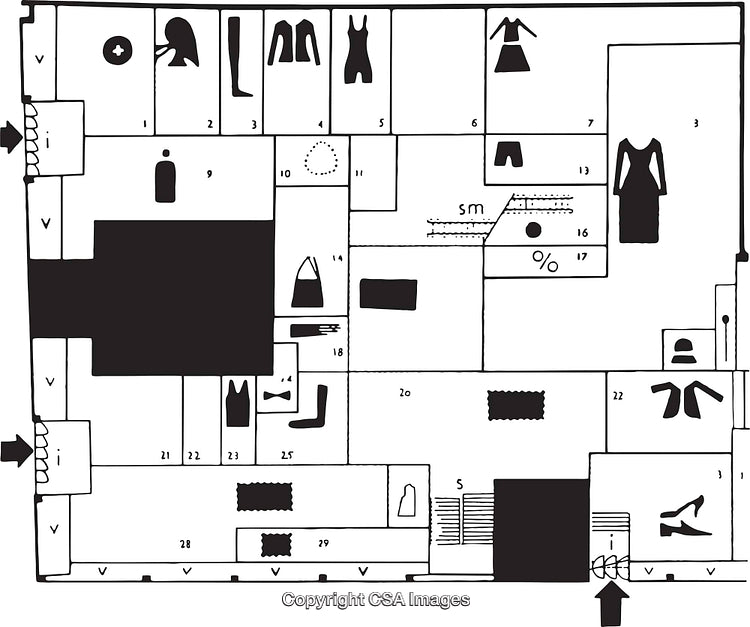 Black and White Store Layout Diagram with Geometric Icons