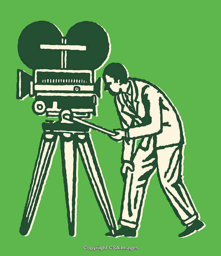 Retro Film Director Operating Vintage Camera on Tripod, Green Background