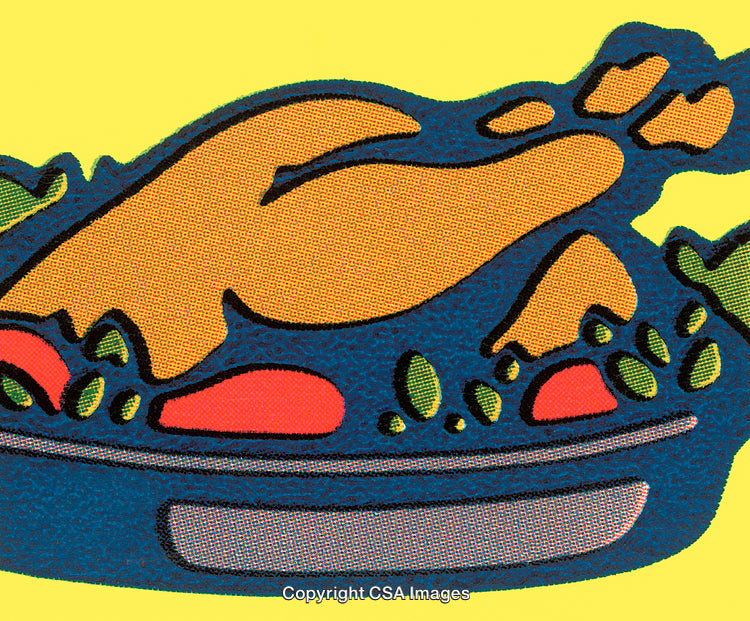 Colorful Artistic Depiction of a Roasted Turkey with Vegetables on Platter