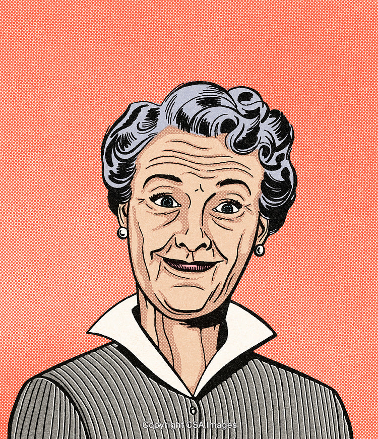 Retro Comic Style Illustration of a Cheerful Elderly Woman on Red Background