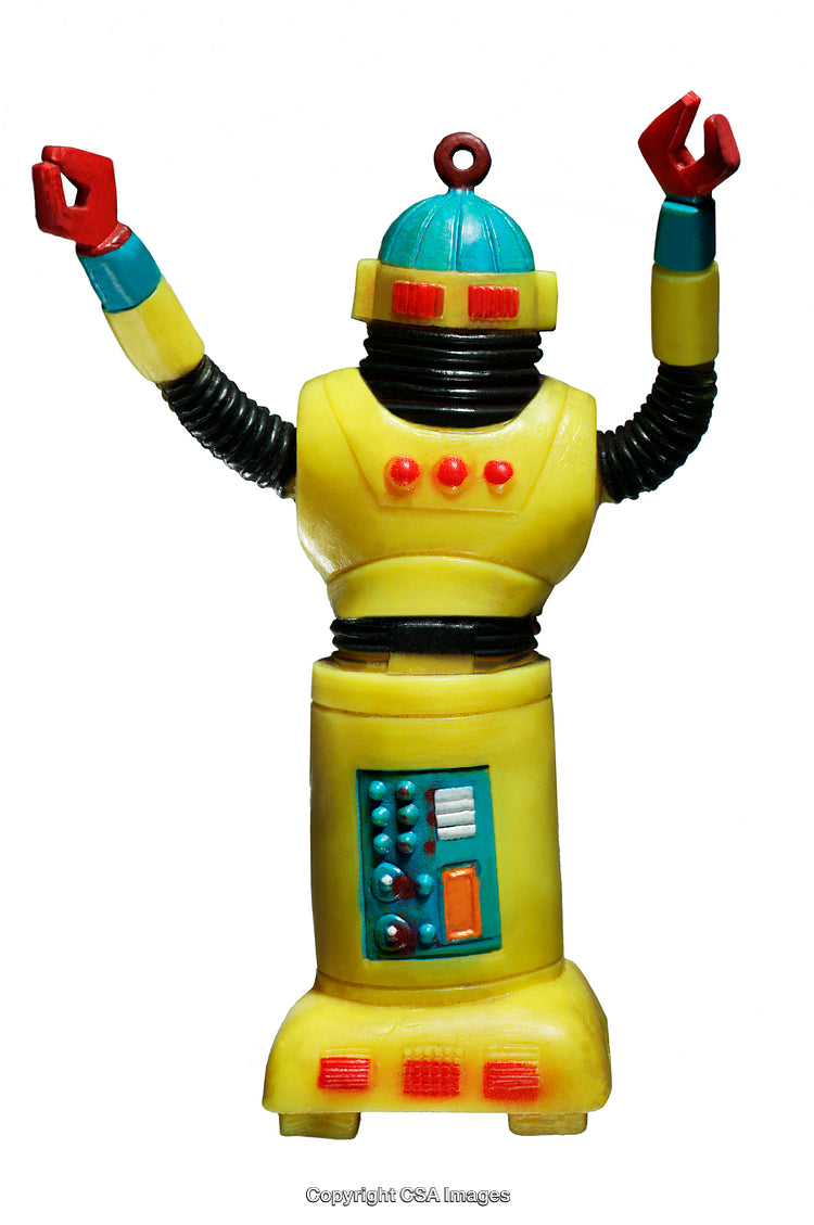 Colorful Plastic Robot Toy with Retro Design on White Background