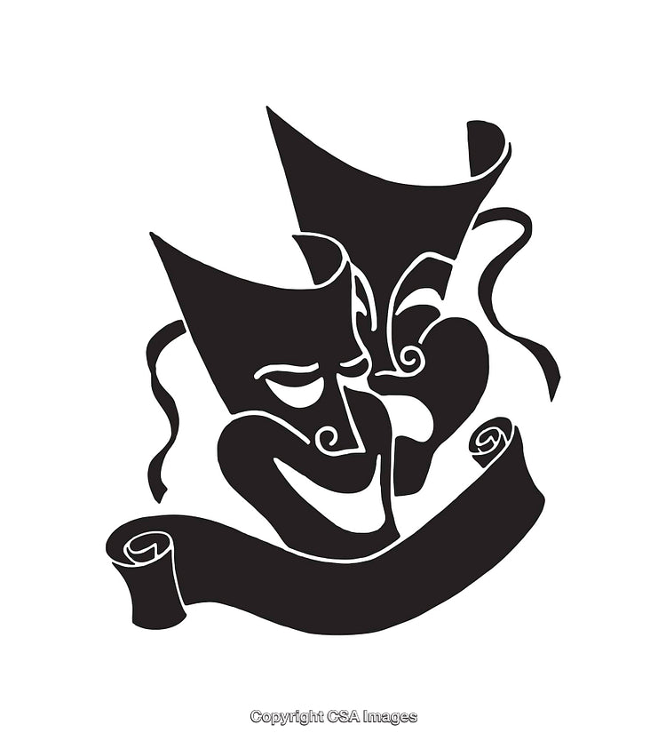 Black and White Theater Masks with Ribbon Scroll Design