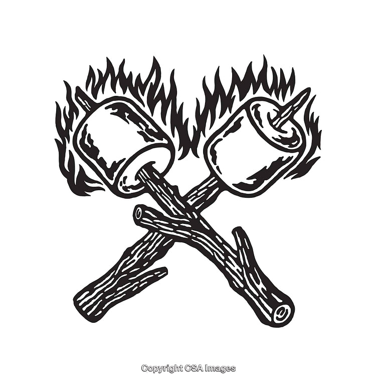 Black and White Illustration of Burning Marshmallows on Crossed Sticks