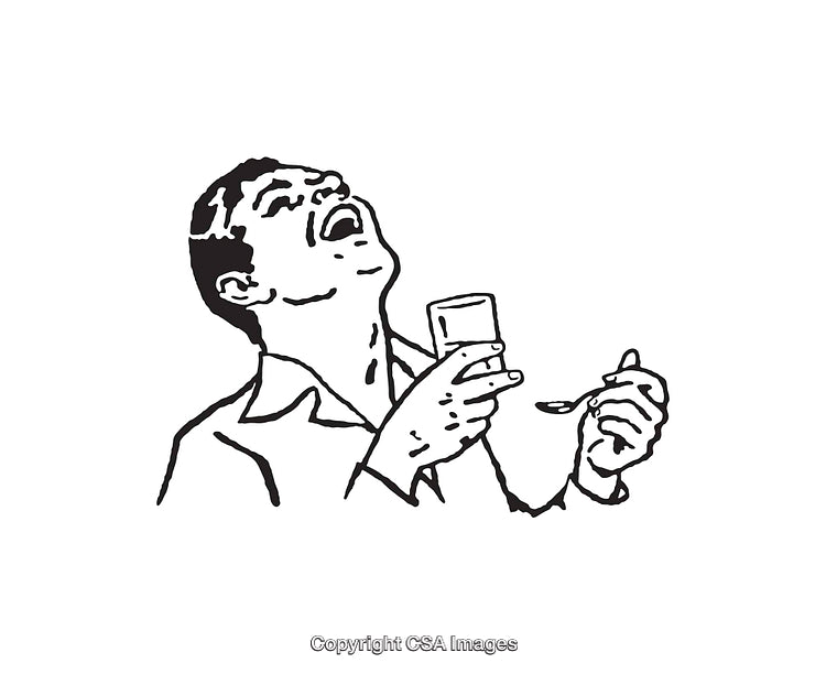 Black and White Line Art of Man Gargling with Glass and Spoon