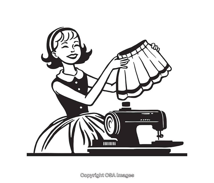 Retro Illustration of Woman Sewing with Vintage Sewing Machine