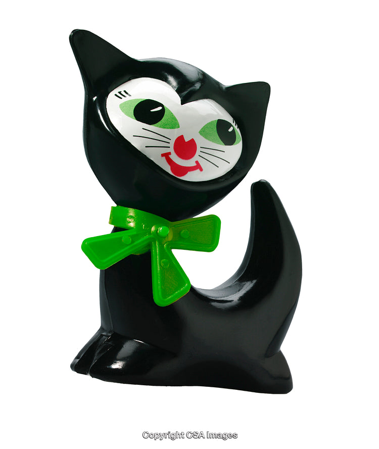 Colorful Toy Cat Figurine With Green Bow on White Background