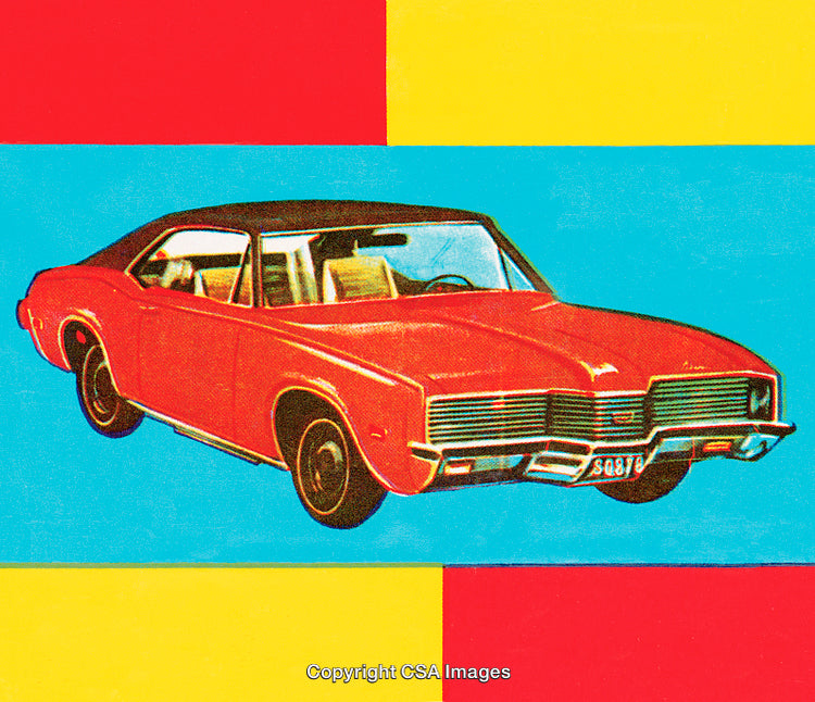Vintage Red Muscle Car on Bold Color Block Background Artwork