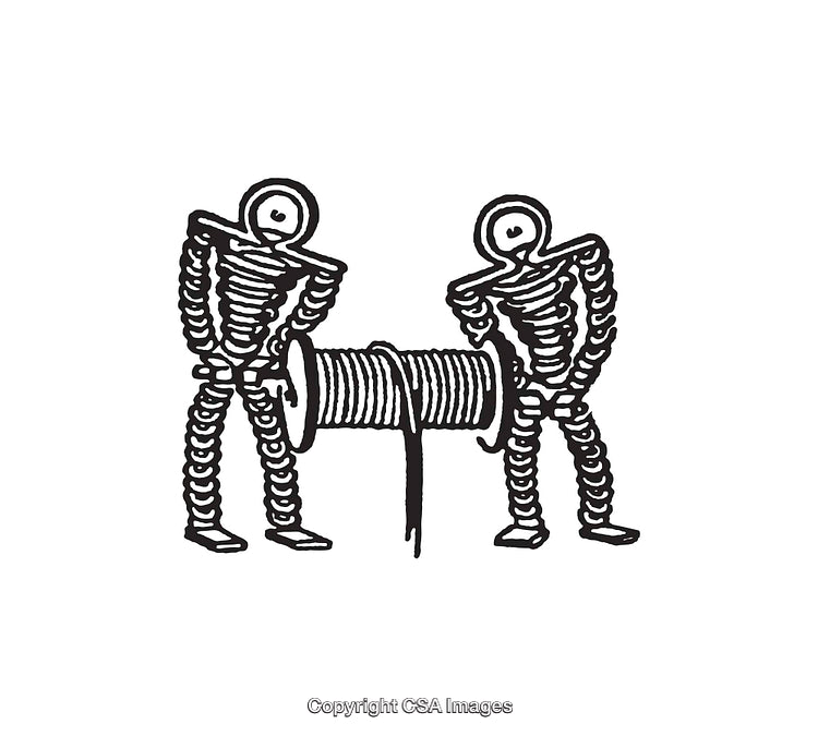 Black and White Line Art of Two Figures with Coil Object