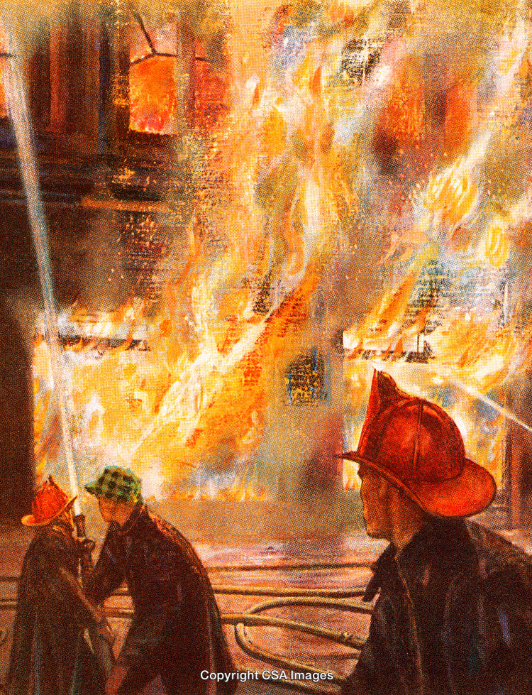 Firefighters Battling Intense Blaze with Streaming Water Jets in Urban Setting