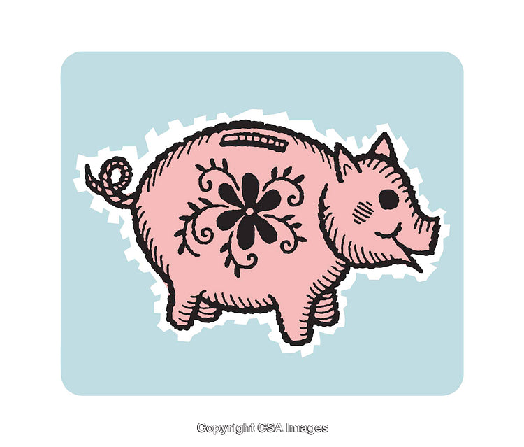 Colorful Piggy Bank Illustration with Decorative Floral Design on Light Blue Background