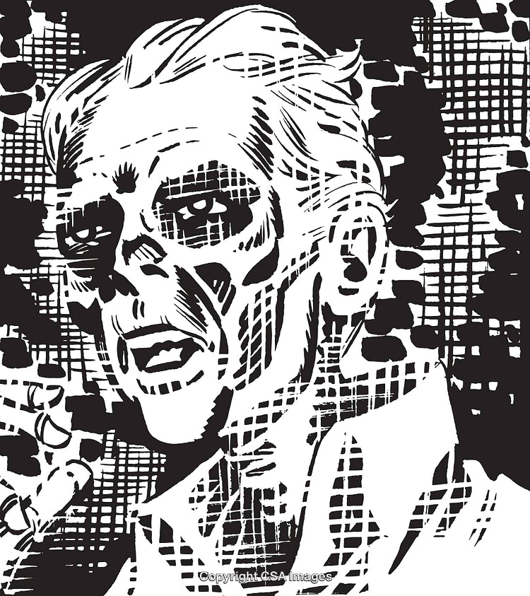 Stylized Black and White Sketch of a Skeletal Face with Intense Expression
