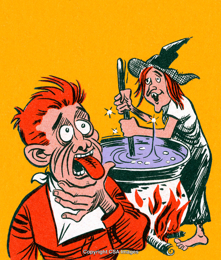Cartoon Illustration of a Witch Brewing Potion with Comedic Expression