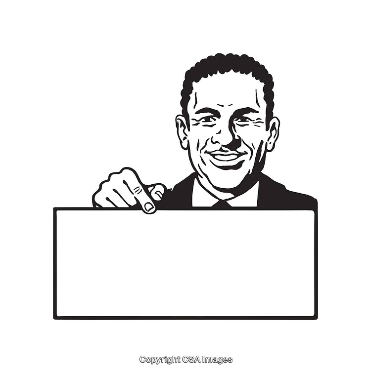 Black and White Illustration of a Man Holding a Blank Sign