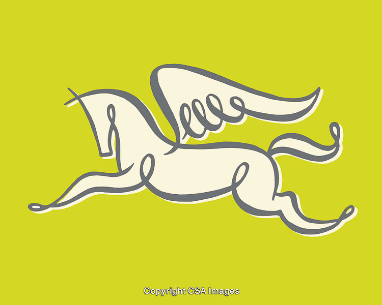 Minimalist Line Art Illustration of a Flying Pegasus on Yellow Background
