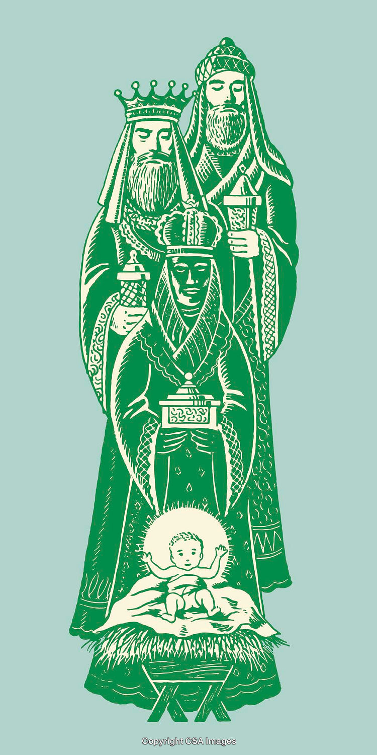 Green Line Art Depiction of Nativity Scene with Religious Symbols and Figures