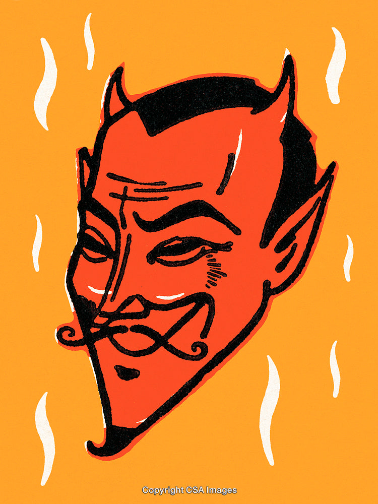 Retro Illustration of a Devilish Face With Fiery Orange Background