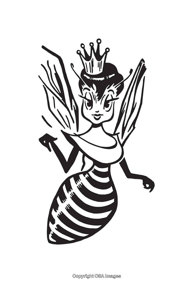 Illustration of a Queen Bee with a Crown in Black and White Line Art