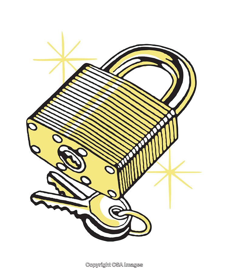 Illustration of a Padlock and Keys in Yellow with Sparkling Effects