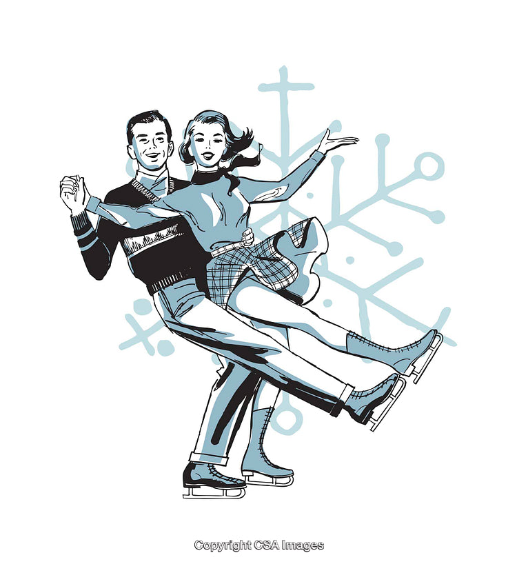 Retro Illustration of Skating Couple Enjoying Winter Joyfully