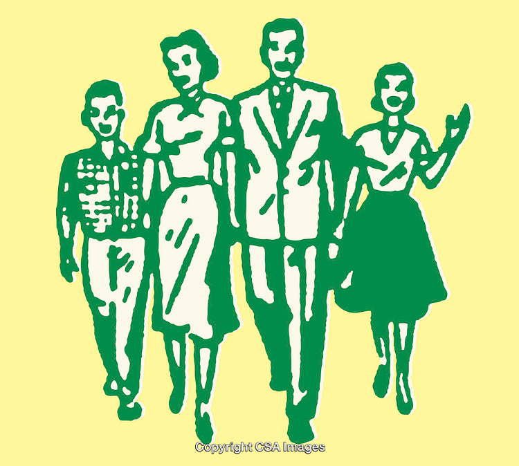 Retro Style Color Illustration of a Happy Family of Four Walking Together