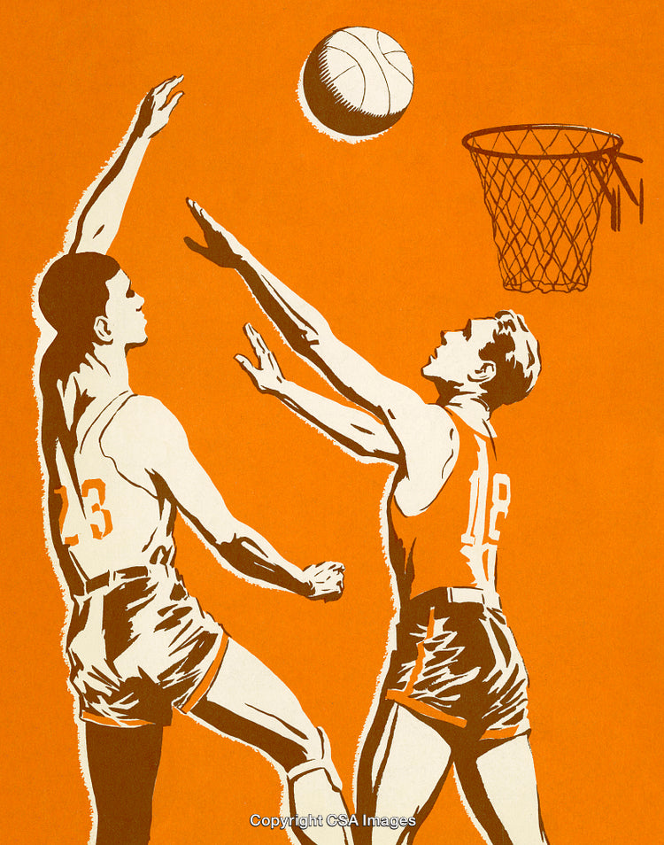 Vintage Illustration of Basketball Players in Competition on Orange Background