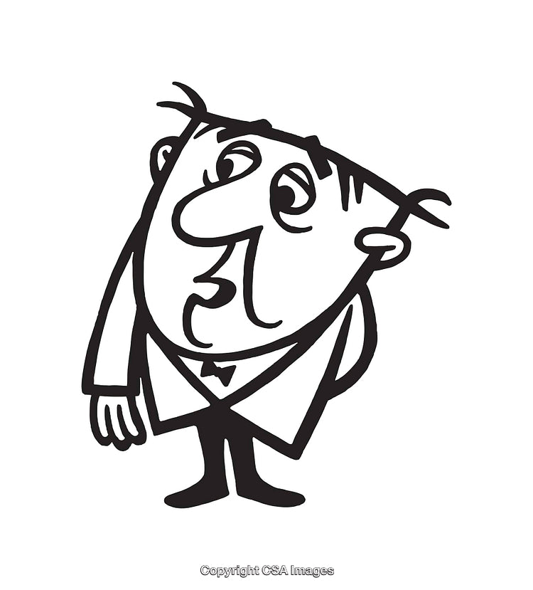 Black and White Illustration of a Cartoon Character in Thought