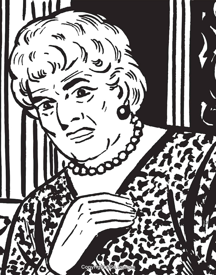 Vintage Black and White Illustration of Expressive Woman with Jewelry