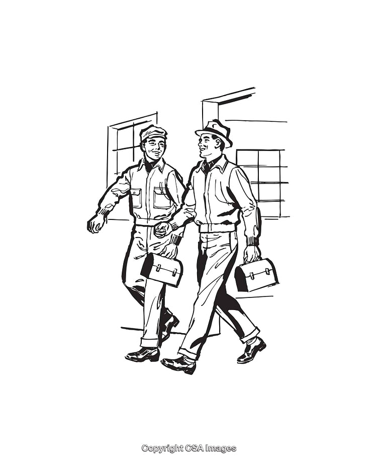 Retro Style Black and White Illustration of Workers Walking with Toolboxes