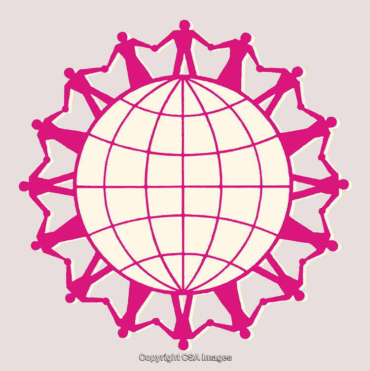 Global Unity Illustration Featuring Silhouetted Figures Holding Hands Around a Globe