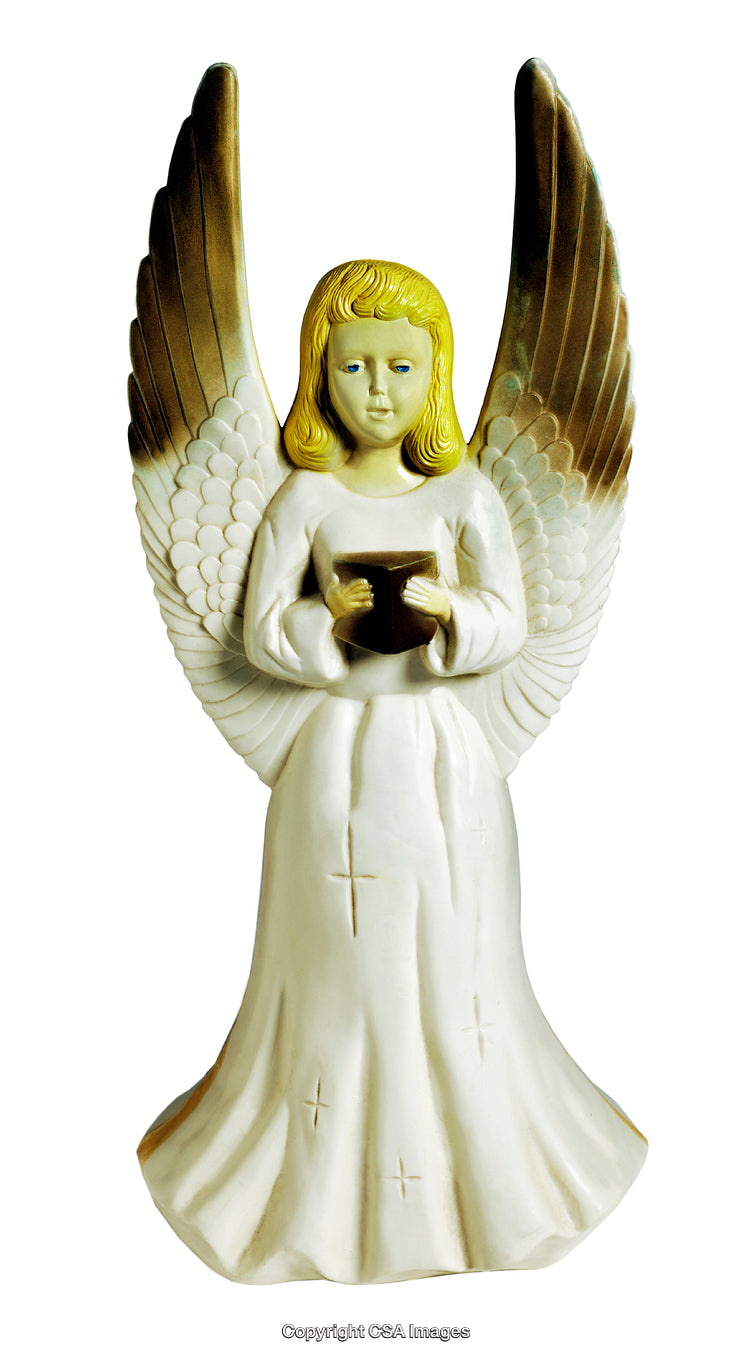 Angel Figurine Holding a Book with Golden Wings on White Background