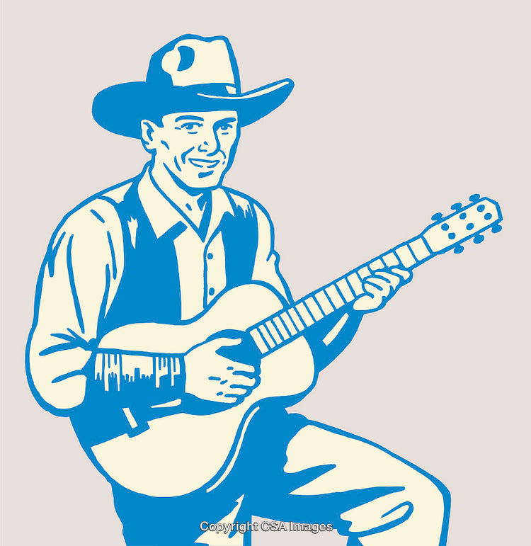 Vintage Cowboy Playing Acoustic Guitar in Color Line Art Style