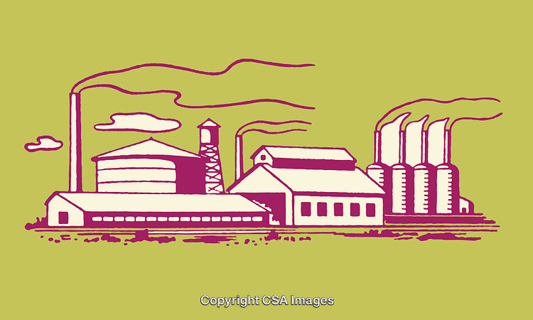 Industrial Factory Line Art Illustration with Smokestacks and Buildings on Green Background