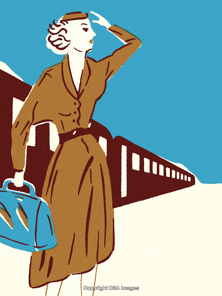 Vintage Illustration of Woman at Train Station in Elegant Attire