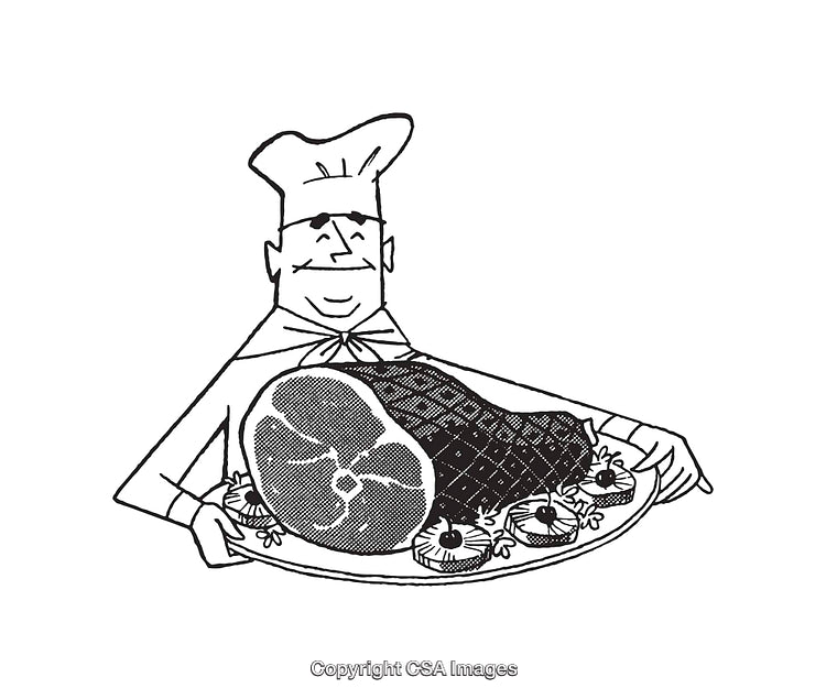 Chef Presenting a Gourmet Platter of Marinated Ham in Line Art Style