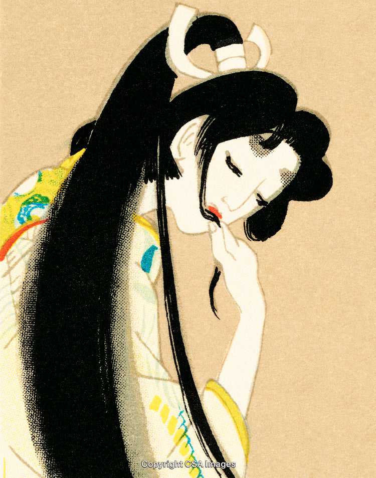 Traditional Japanese Illustration Depicting a Lady with Elegant Features and Graceful Attire