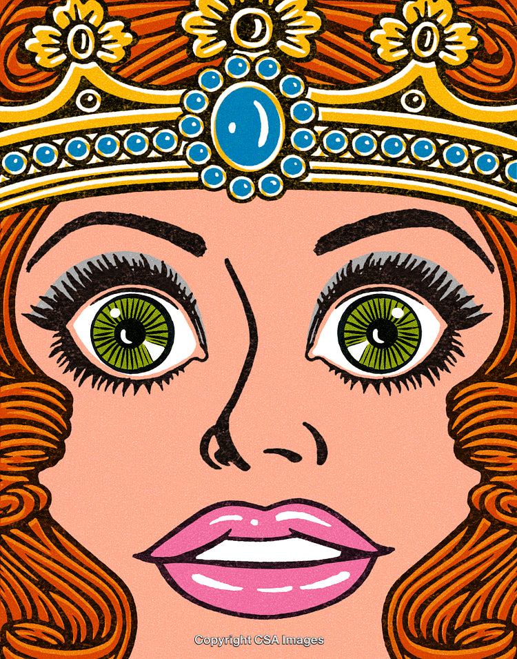 Pop Art Illustration of a Crowned Woman With Big Eyes and Bright Colors