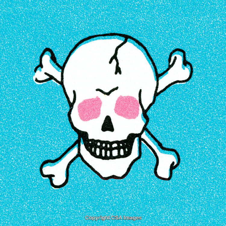 Colorful Cartoon Skull And Crossbones Illustration with Pink Cheeks on Blue Background